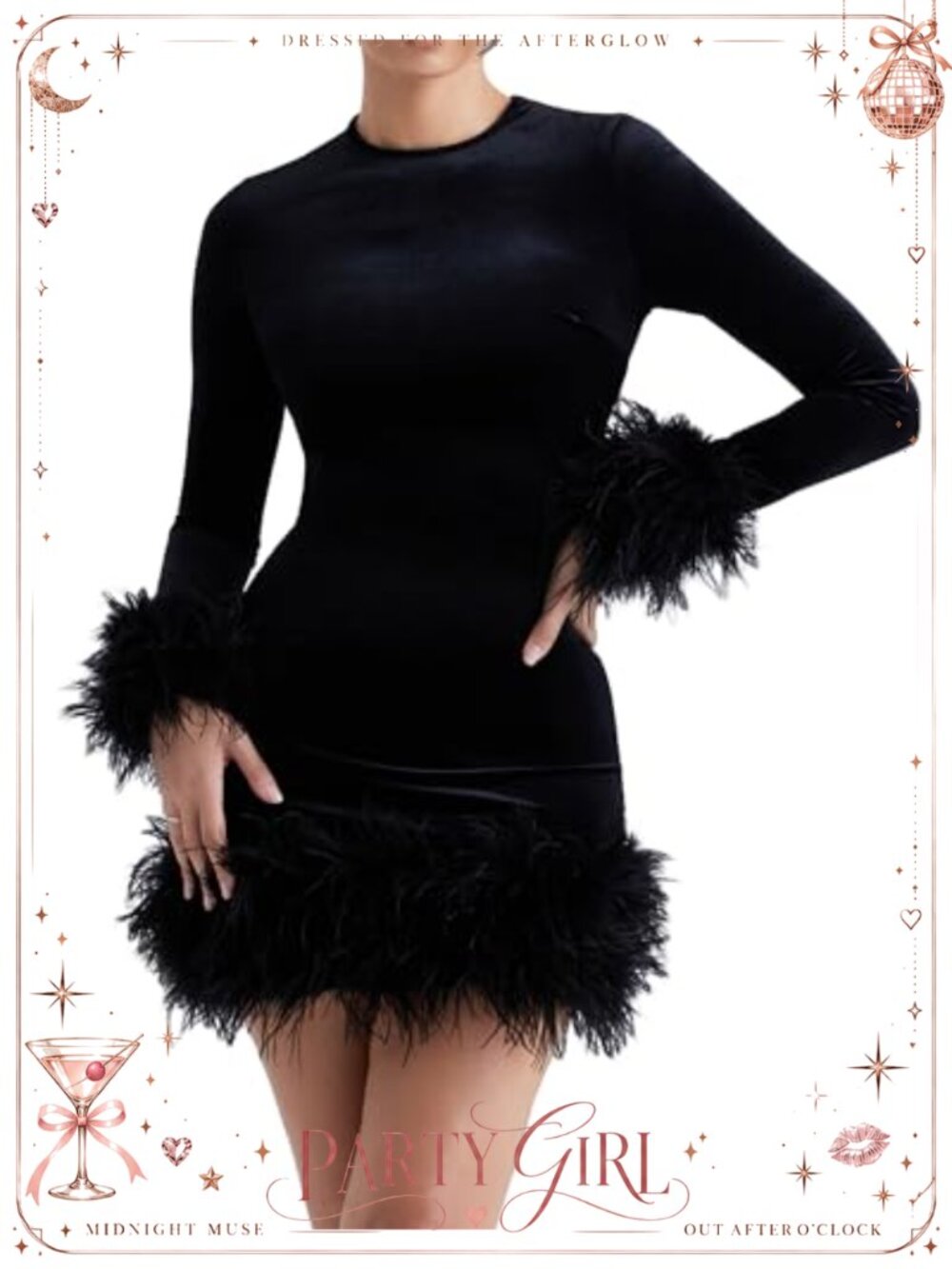 Women Long Sleeve Feather Trim Bodycon Mini Dress Cocktail Party